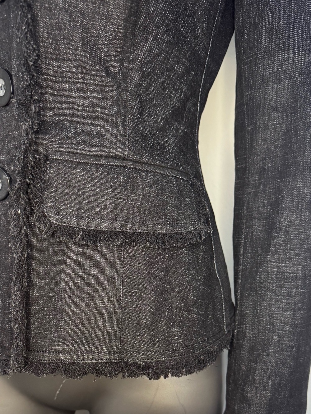 Cache Denim Blazer Jacket Womens 2 Black Frayed-Trim Notched Office - Picture 8 of 14